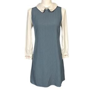 Miss Patina London Mini Dress Size Small Gray Pinstripe Kitten Collar Retro 60s